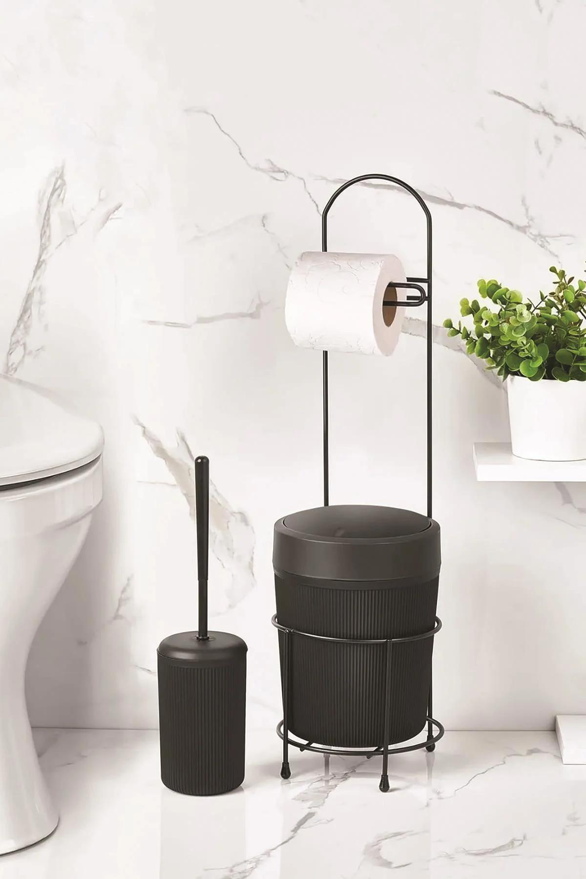 Metal Standlı Yuvarlak Kovalı &amp; Kağıtlıklı &amp; Fırçalıklı Siyah Banyo Takımı