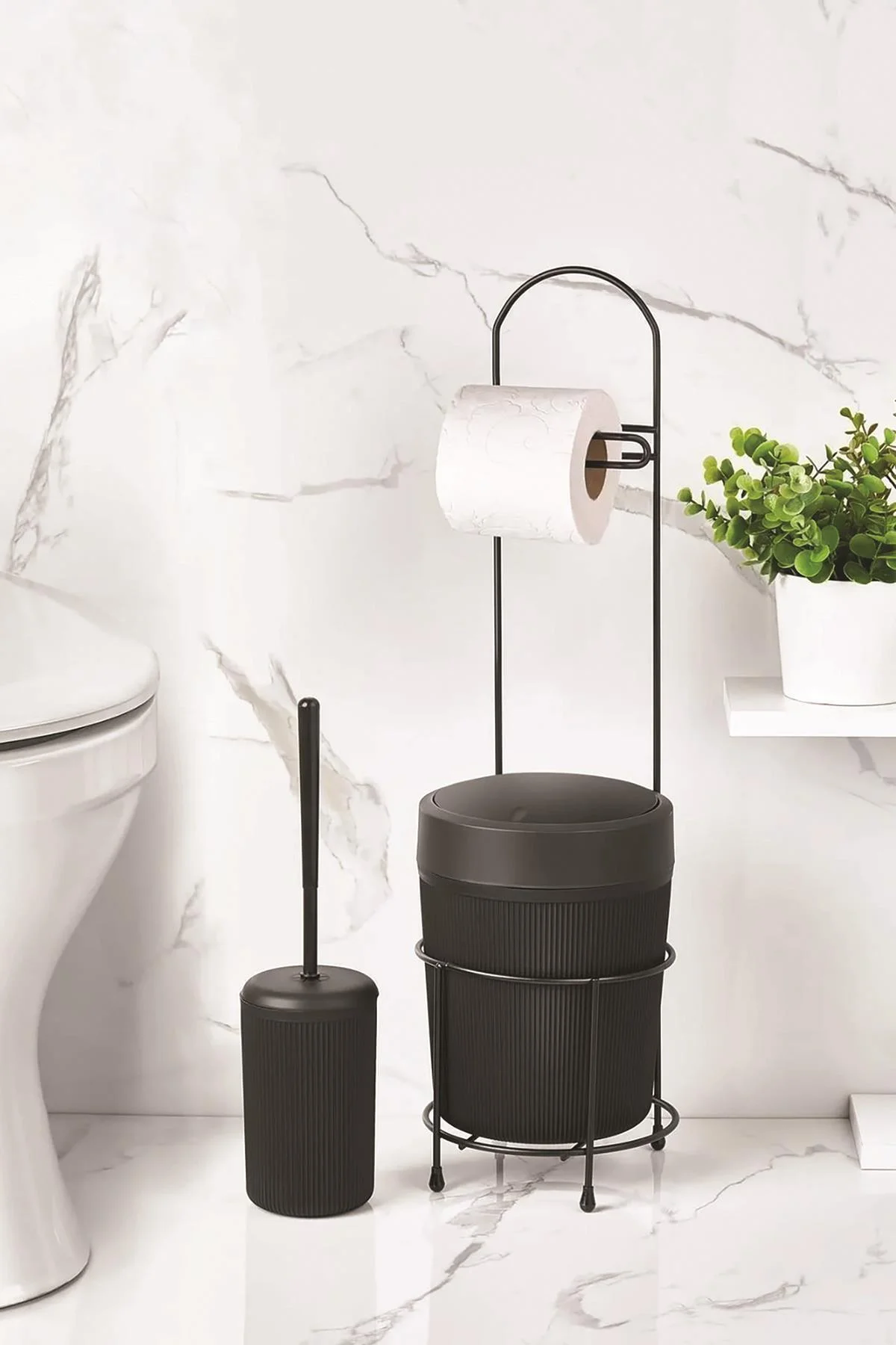 Metal Standlı Yuvarlak Kovalı & Kağıtlıklı & Fırçalıklı Siyah Banyo Takımı - Görsel 2