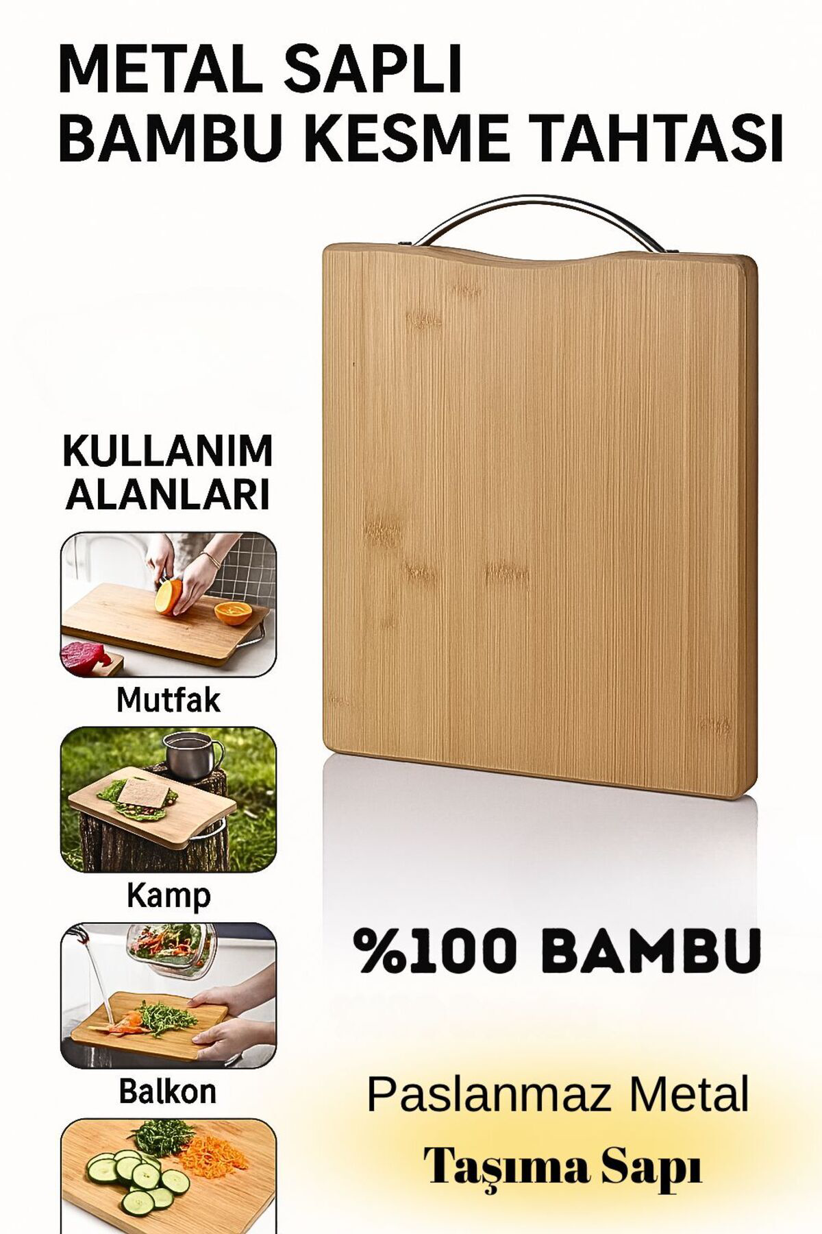Metal Tutacaklı Lüx %100 Bambu Kesme Tahtası