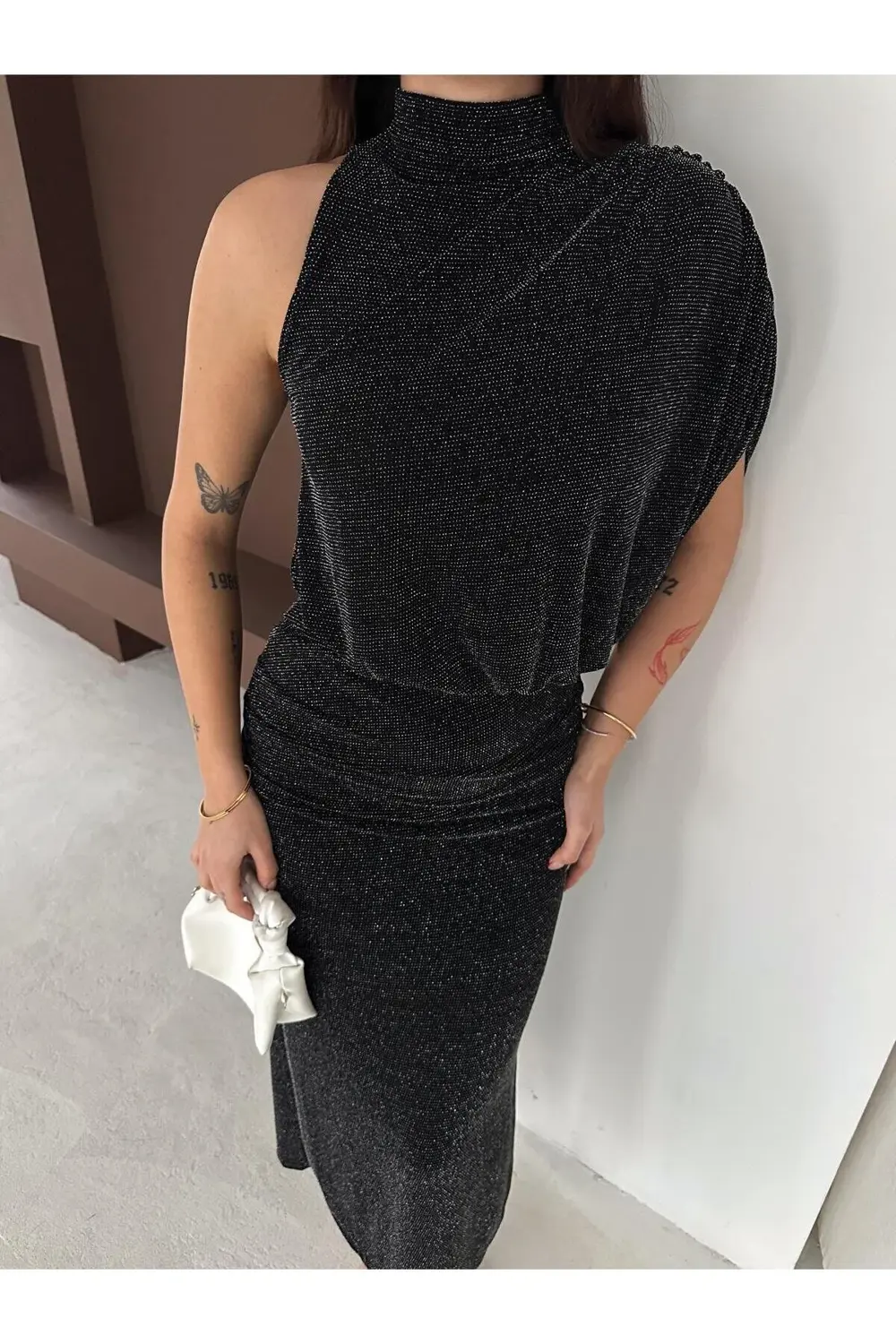 Metalik İpli Asimetrik Abiye Elbise