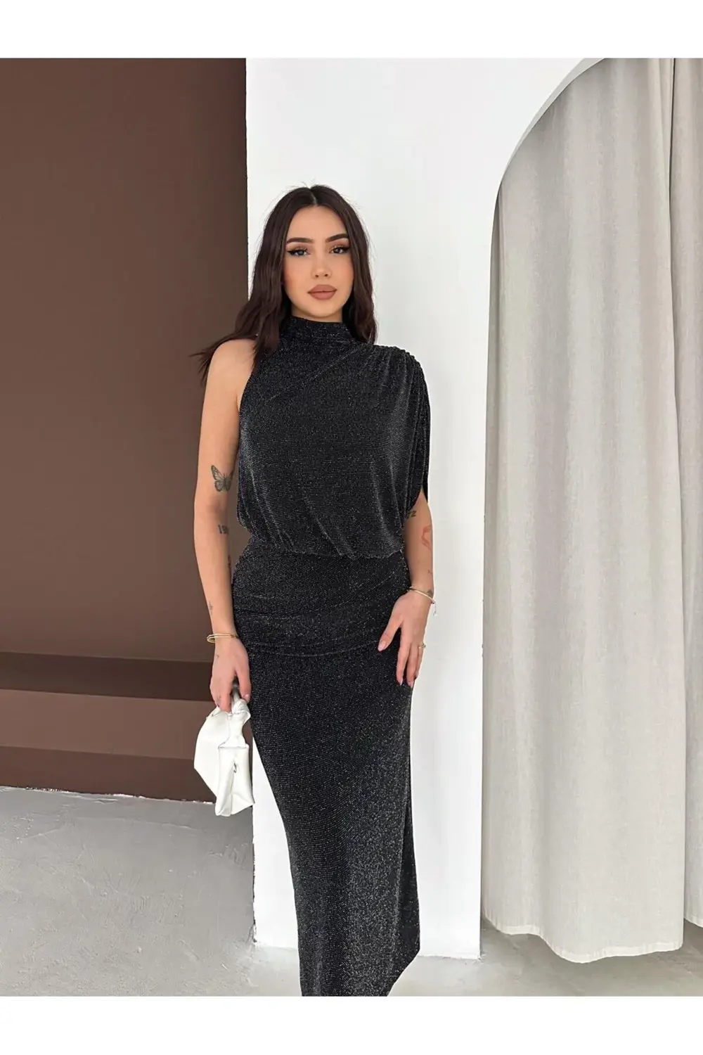 Metalik İpli Asimetrik Abiye Elbise