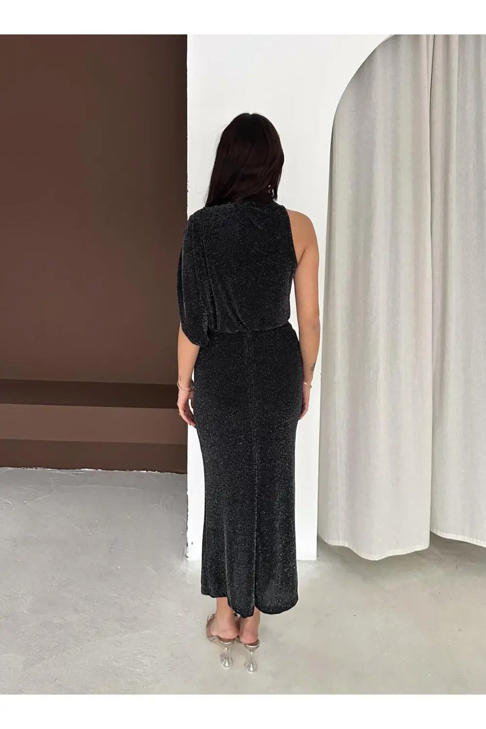 Metalik İpli Asimetrik Abiye Elbise