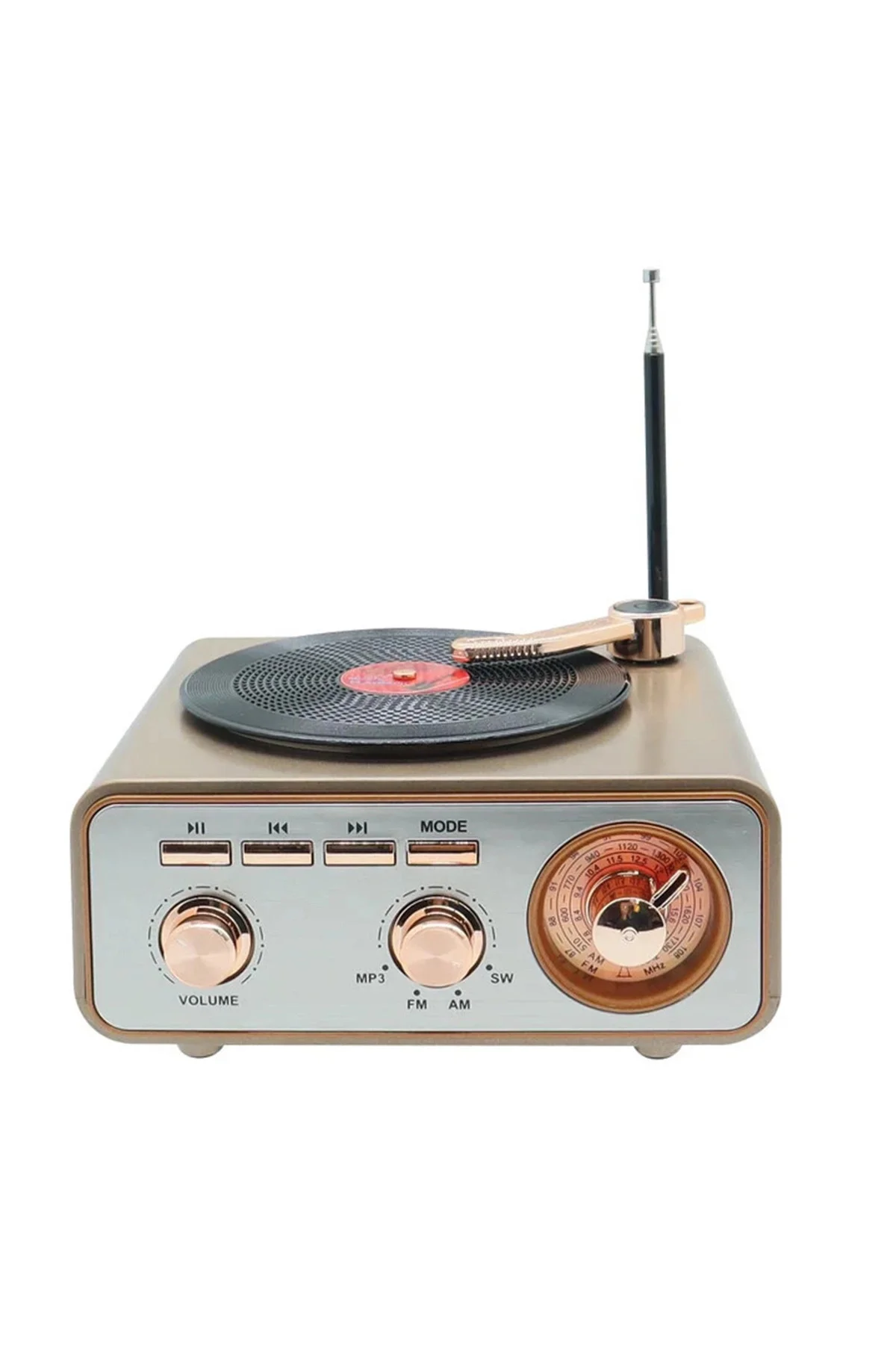Metalik Nostaljik Tasarım Plak Çalar Görünümlü Radyolu Bluetooth 