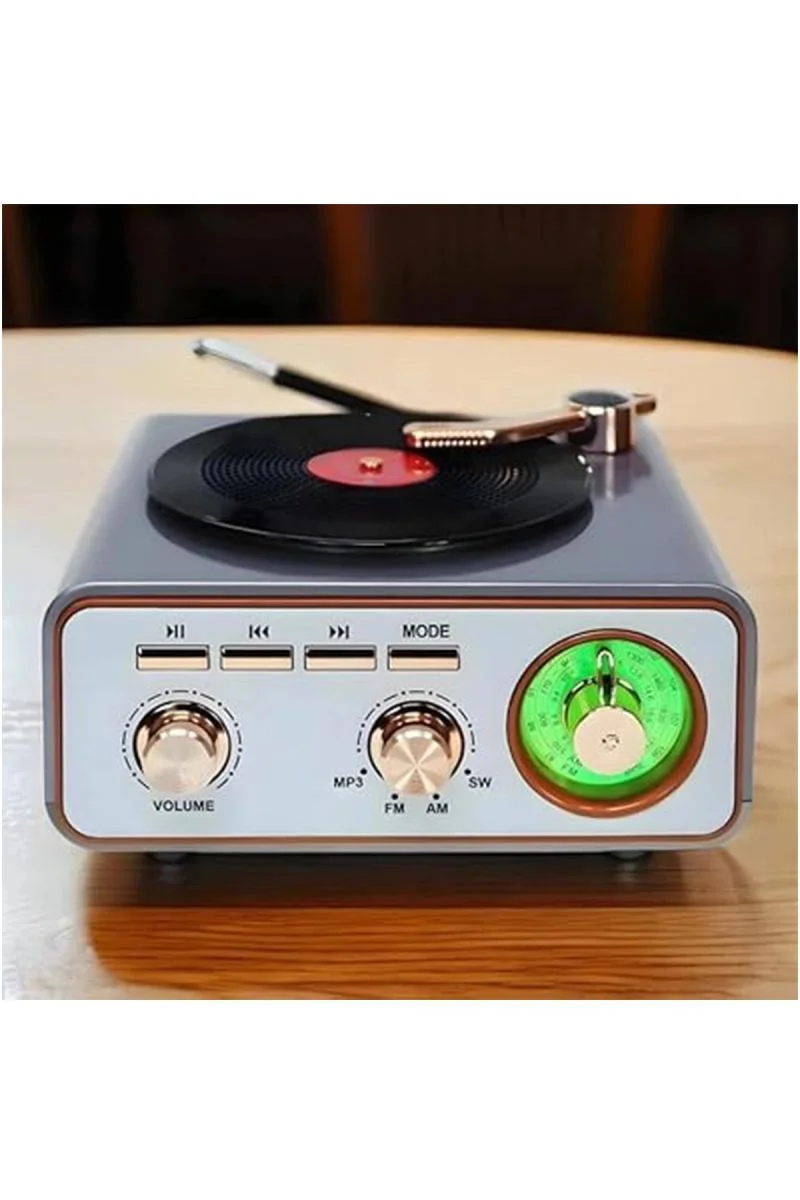 Metalik Retro Plak Hoparlör - Bluetooth 5.0, FM/AM/SW Radyolu Nostaljik Müzik Çalar
