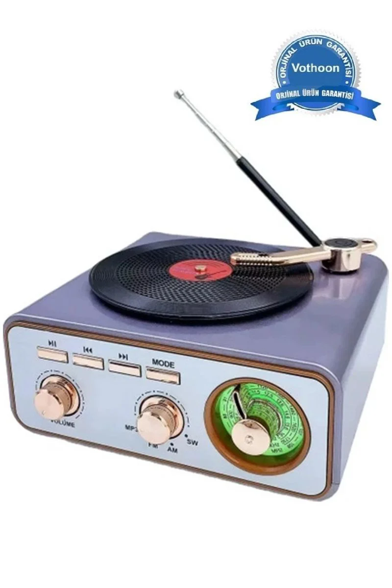 Metalik Retro Plak Hoparlör - Bluetooth 5.0, FM/AM/SW Radyolu Nostaljik Müzik Çalar