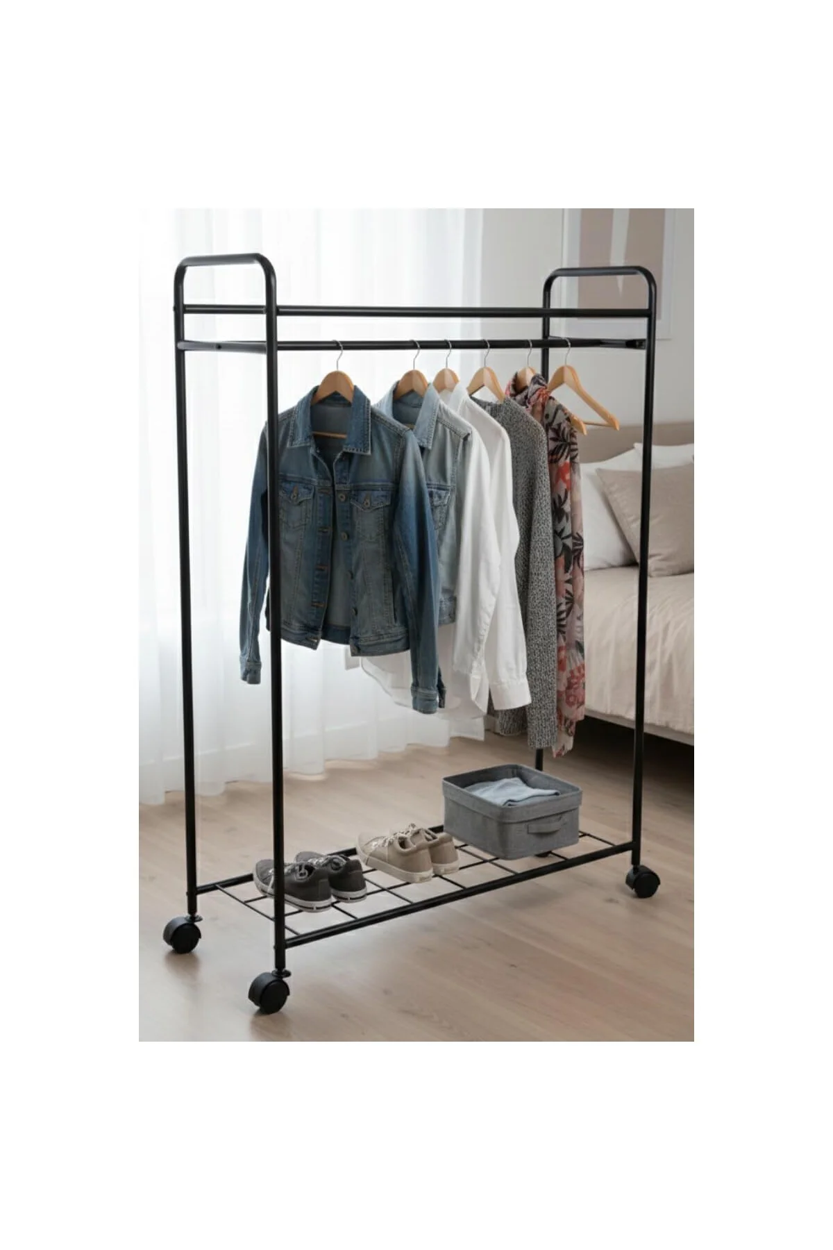 Metaliz Concept Tekerli Modern Metal Elbise Askılığı - Katlı Rafl