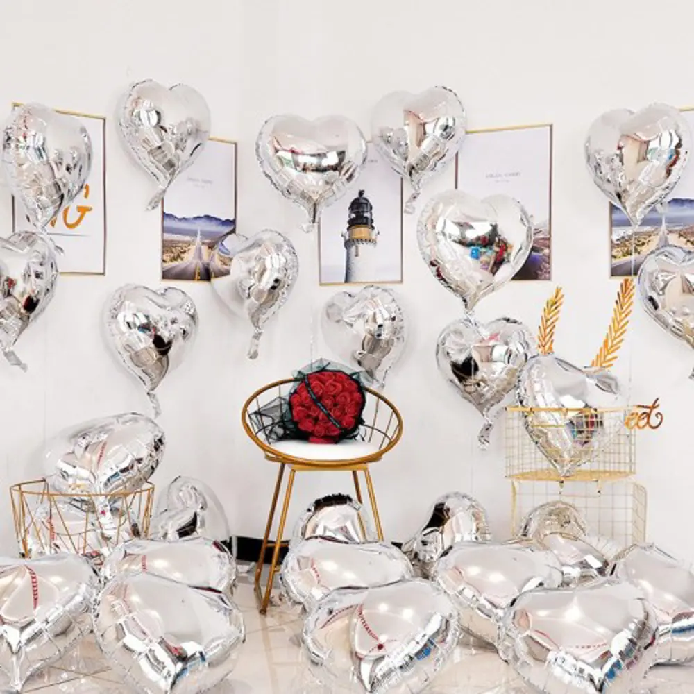 Metalize Parlak Gümüş Kalp Şekilli Uçan Balon Folyo 18 inç 45 cm 