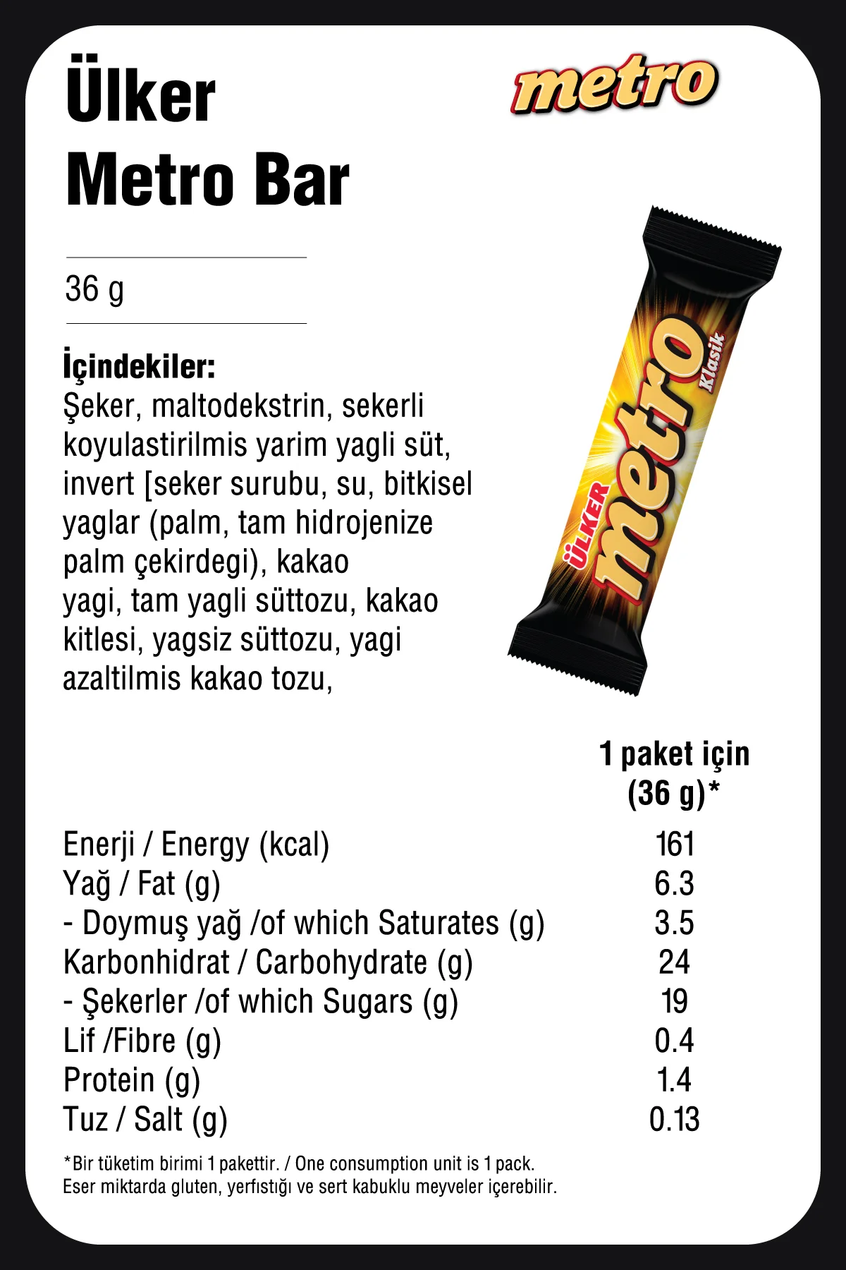 METRO Sütlü Çikolata Kaplamalı Karamel ve Nugalı Bar - 36 gram - 