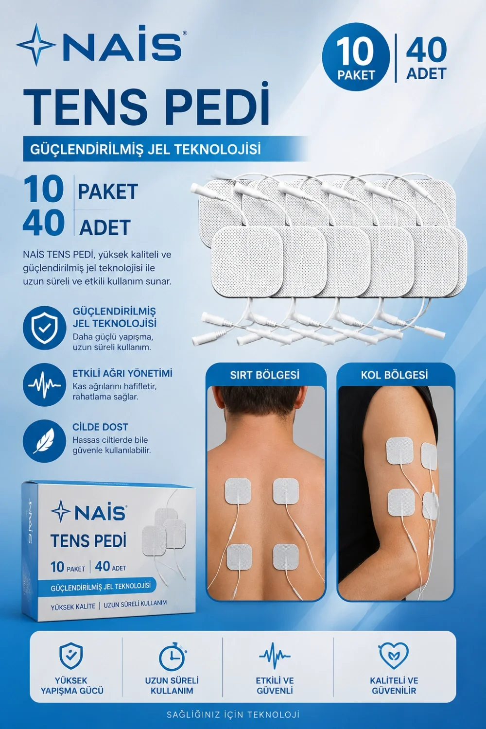 Mey İthalat® 10 Paket, 40 Adet NAİS GOLD Tens Elektrod Pedi 5x5 c Mey İthalat® 10 Paket, 40 Adet NAİS GOLD Tens Elektrod Pedi 5x5 c