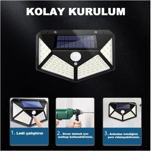 Mey İthalat® 100 Led Dış Mekan Solar Aydınlatma Fotoselli Solar L