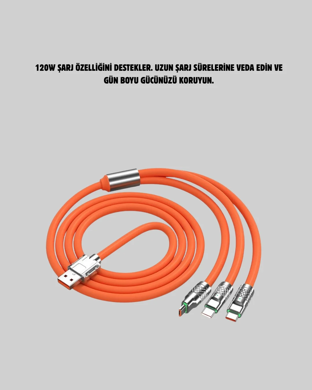 Mey İthalat® 120W Şarj Destekli 3’ü 1 Arada Çoklu Şarj Kablosu – 