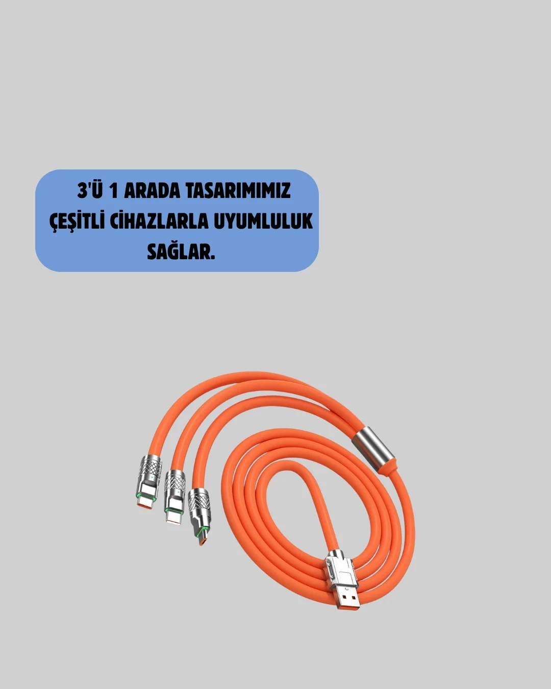 Mey İthalat® 120W Şarj Destekli 3’ü 1 Arada Çoklu Şarj Kablosu – 