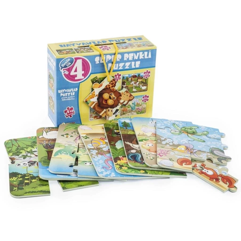 Mey İthalat® 1481 Süper Renkli 4'lü Puzzle - Hayvanlar / 8+12+16+