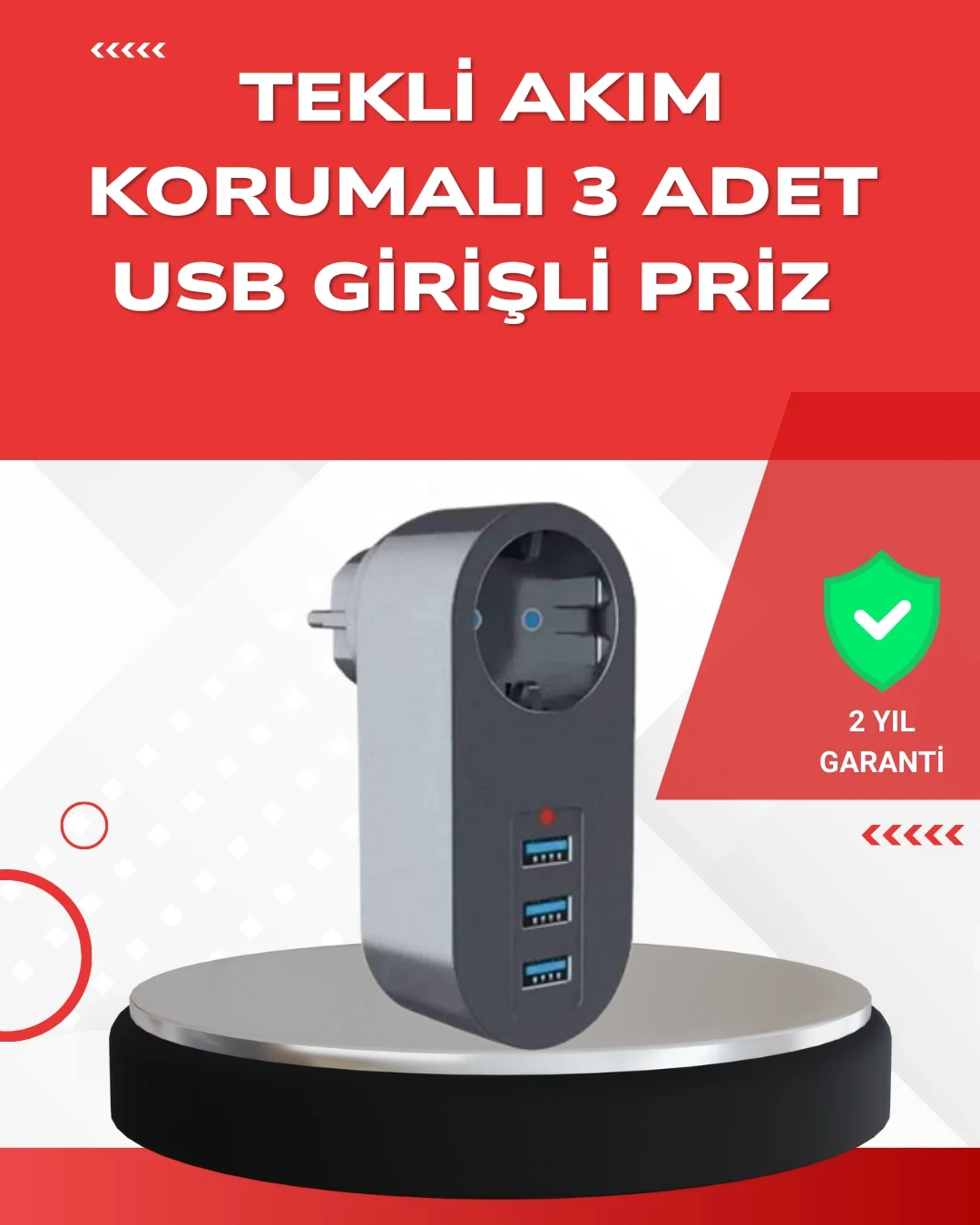 Mey İthalat® 2500W Güç Destekli Akım Korumalı Priz – 3 USB Çıkışl