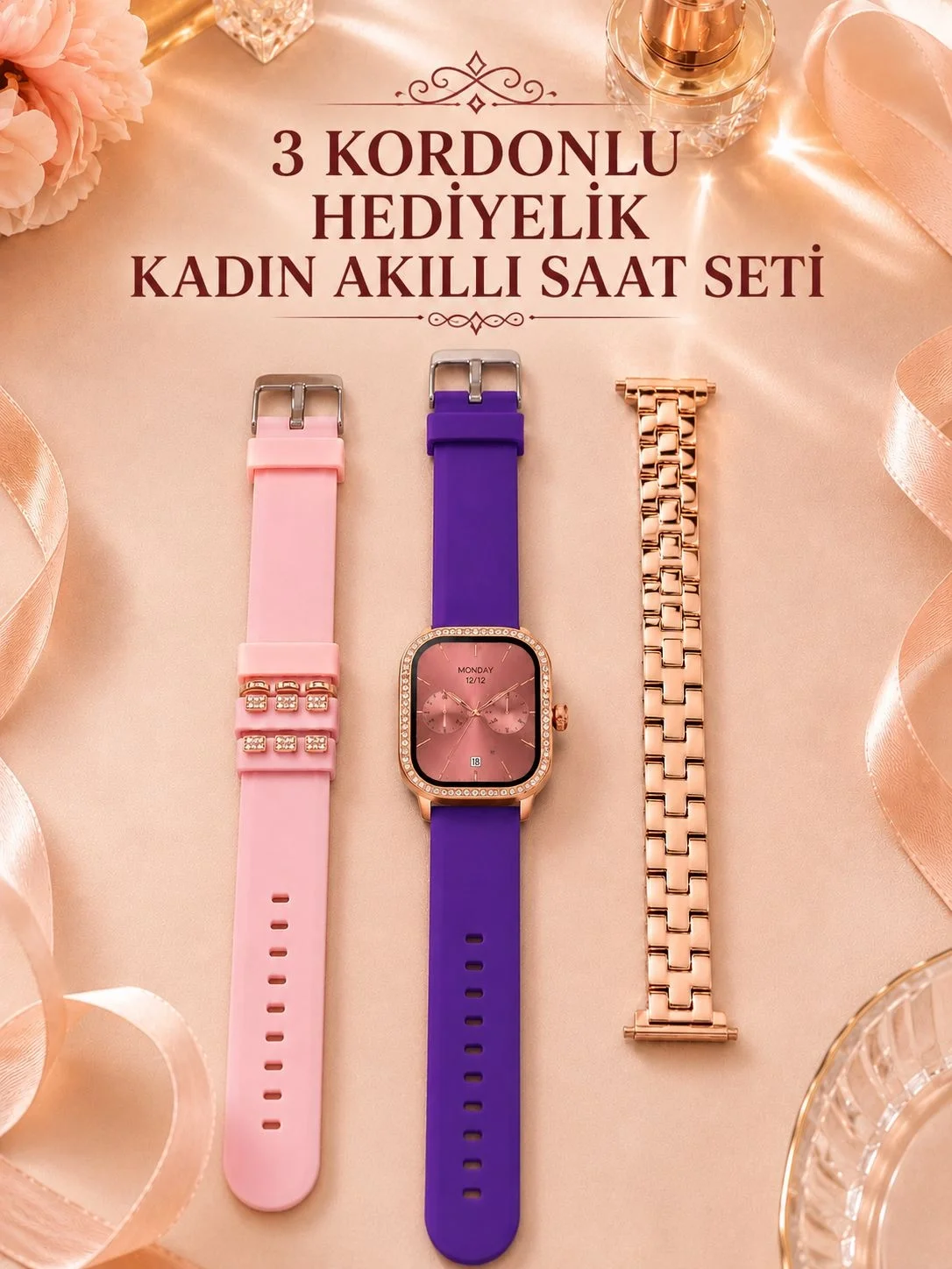 Mey İthalat® 3 Kordonlu Rose Gold Kasalı Kadın Akıllı Saat Seti