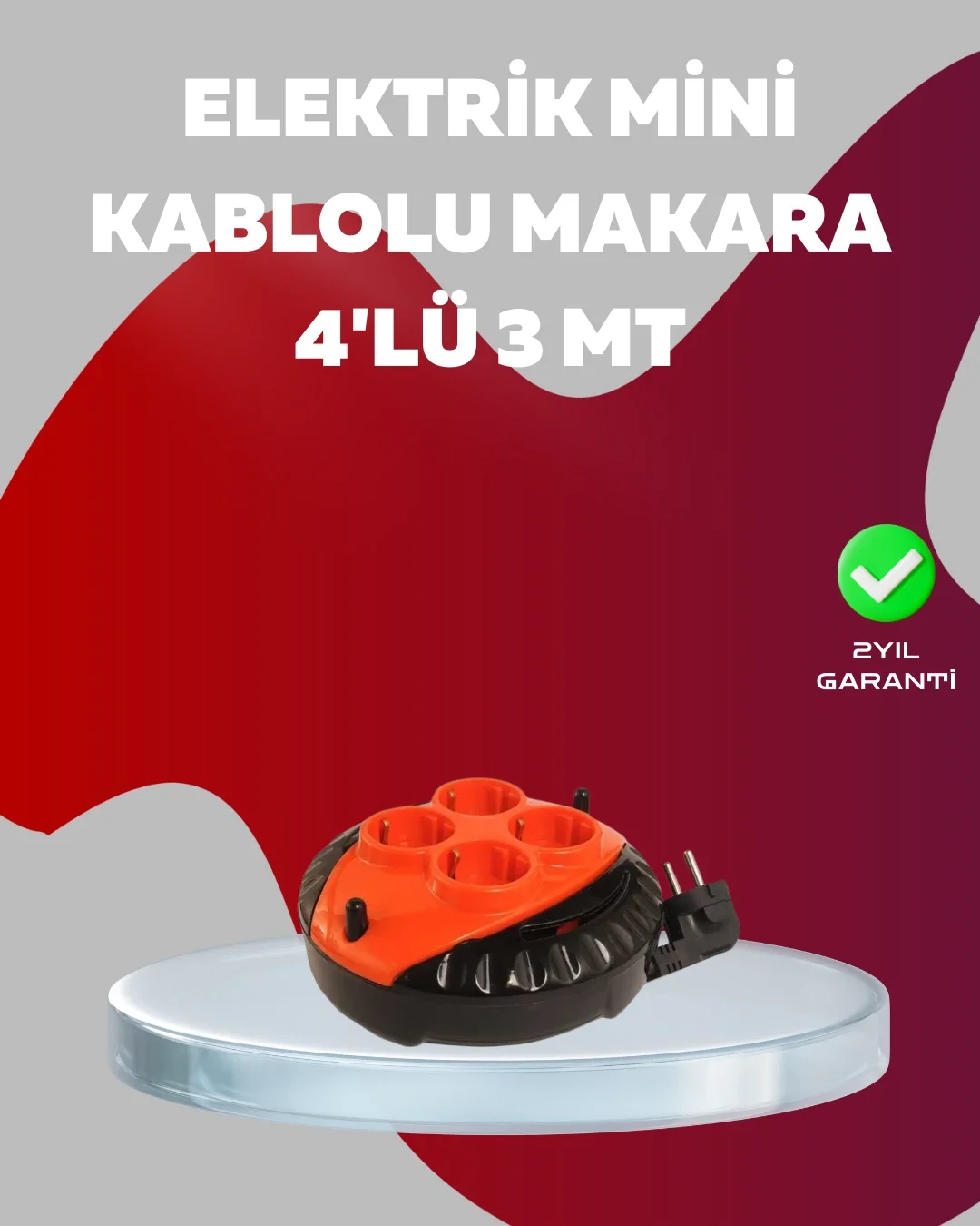 Mey İthalat® 3 Metre Kablolu 4’lü Kırmızı Priz Makara