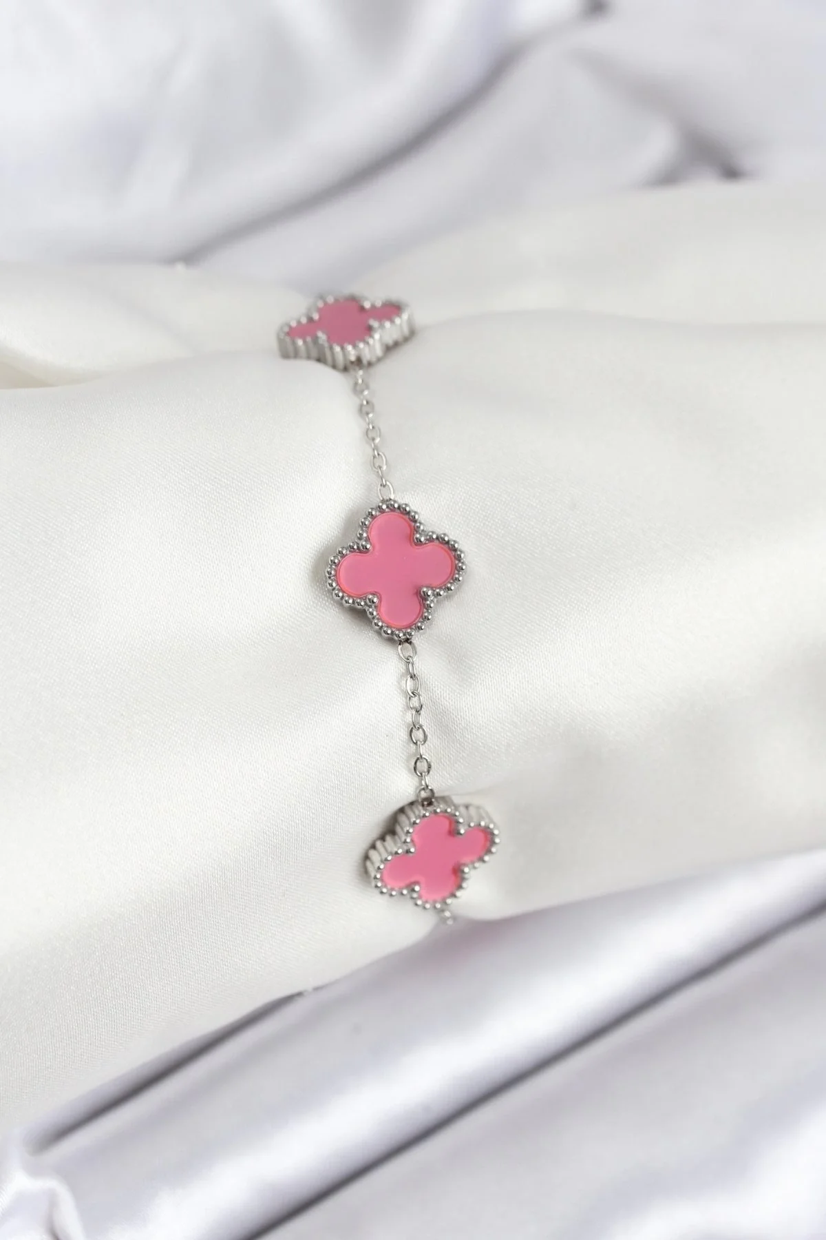 Mey İthalat® 316L Çelik Gümüş Zincir Pembe Renk Yonca Bileklik
