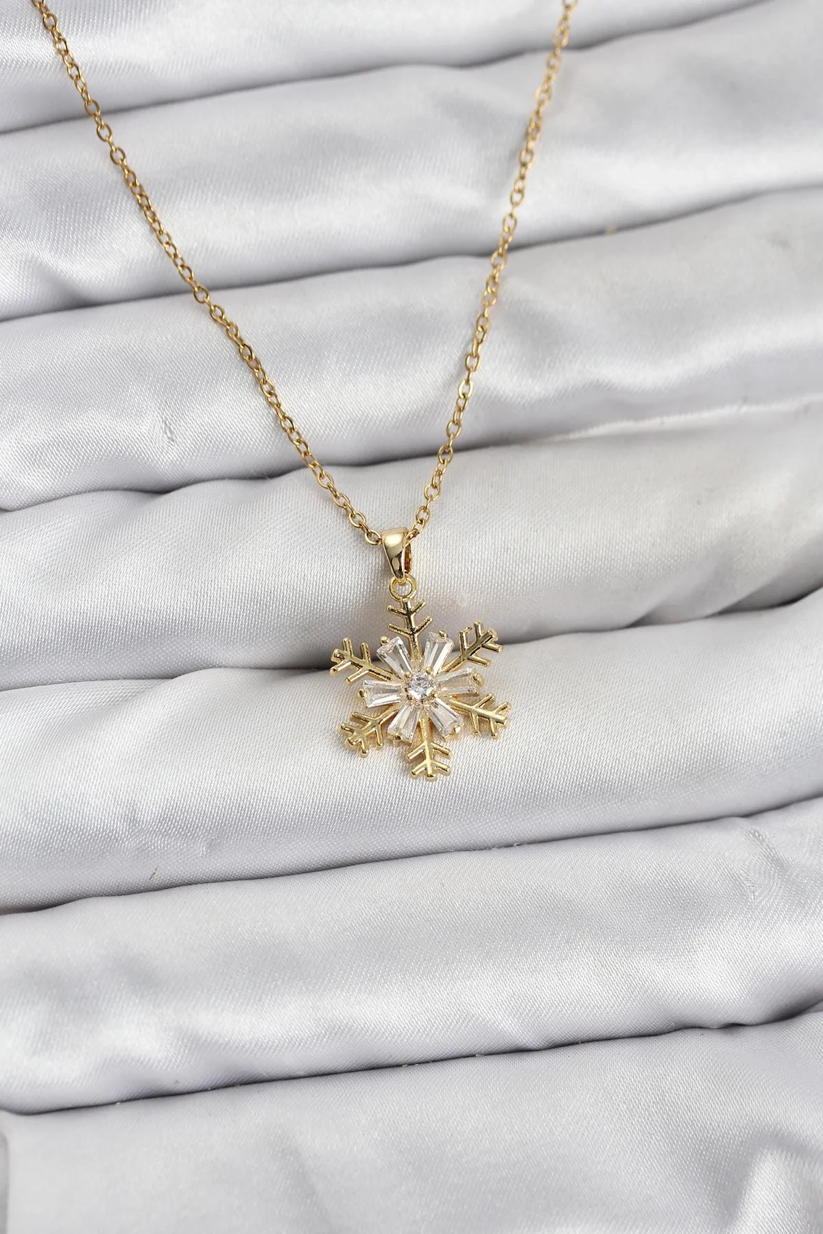Mey İthalat® 316L Çelik Zincir Gold Renk Kar Tanesi Model Zirkon 