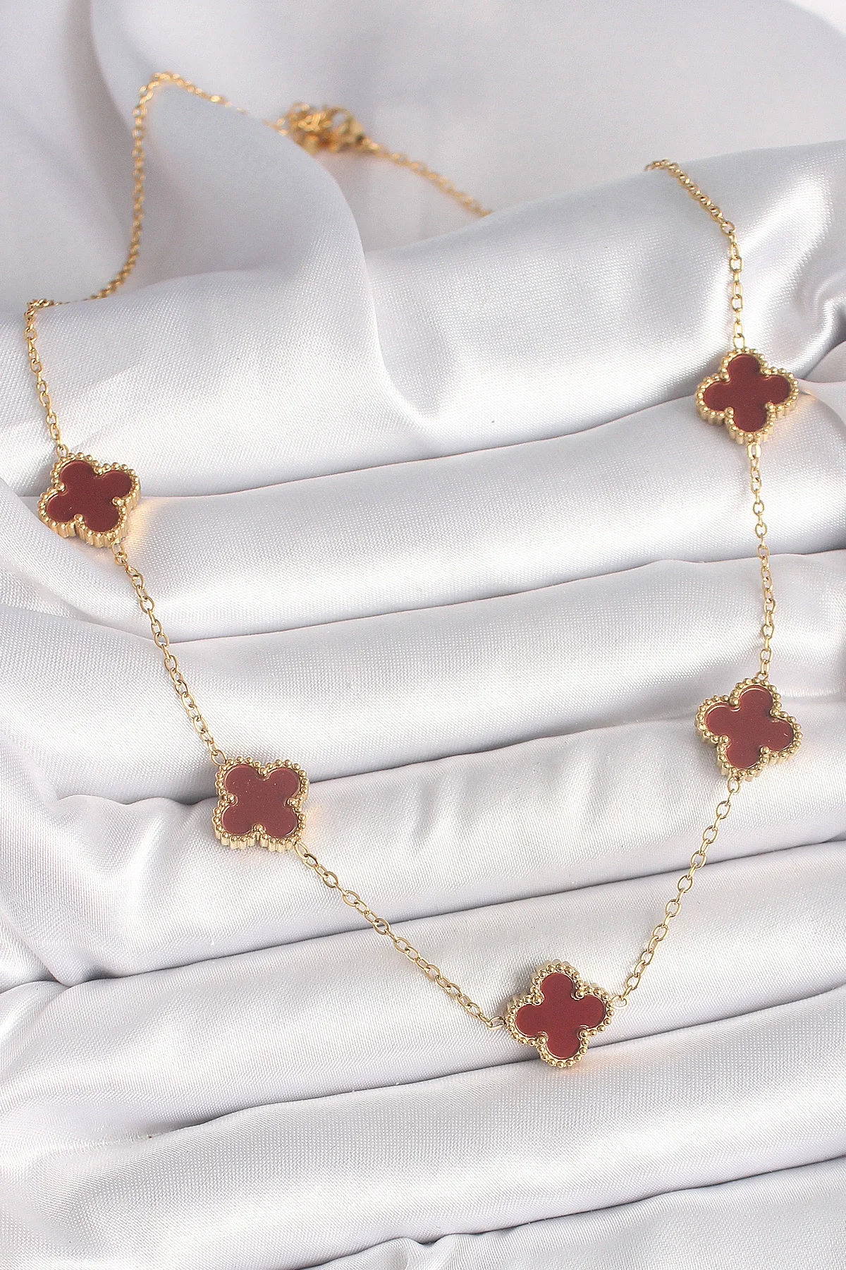 Mey İthalat® 316L Çelik Gold Renk Zincir Bordo Yonca Model Kadın 