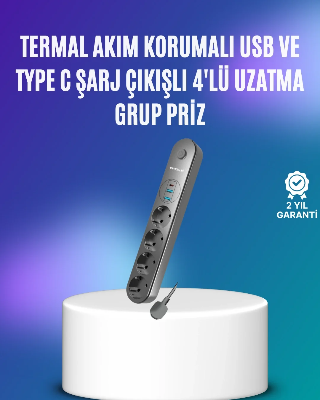 Mey İthalat® 4’lü Çoklu Priz 2 USB Type-C Girişli Akım Korumalı S