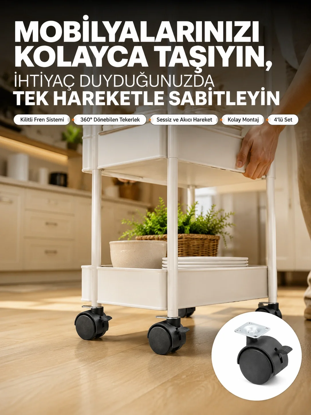 Mey İthalat® 4’lü Kilitli Tekerlek Ayak 4 cm Sessiz ve Dayanıklı