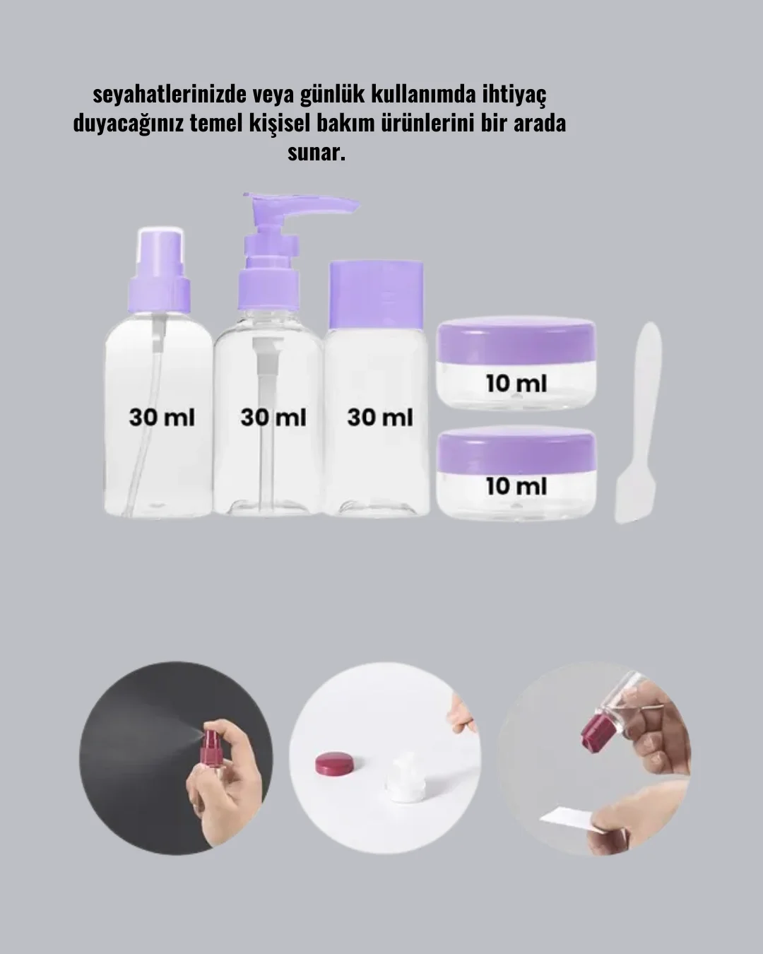 Mey İthalat® 5 Parça Seyahat Kişisel Bakım Seti Şişe Sprey Krem K