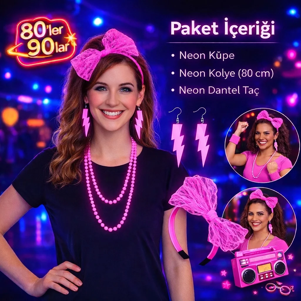 Mey İthalat® 80’ler 90’lar Neon Pembe Parti Seti – Kolye Küpe Taç