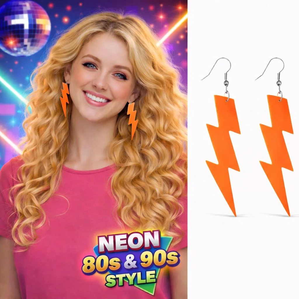 Mey İthalat® 80’ler 90'lar Retro Neon Turuncu Şimşek Küpe 10 