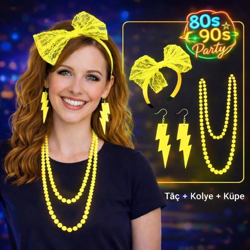 Mey İthalat® 80’ler 90’lar Neon Sarı Parti Seti – Kolye Küpe Taç