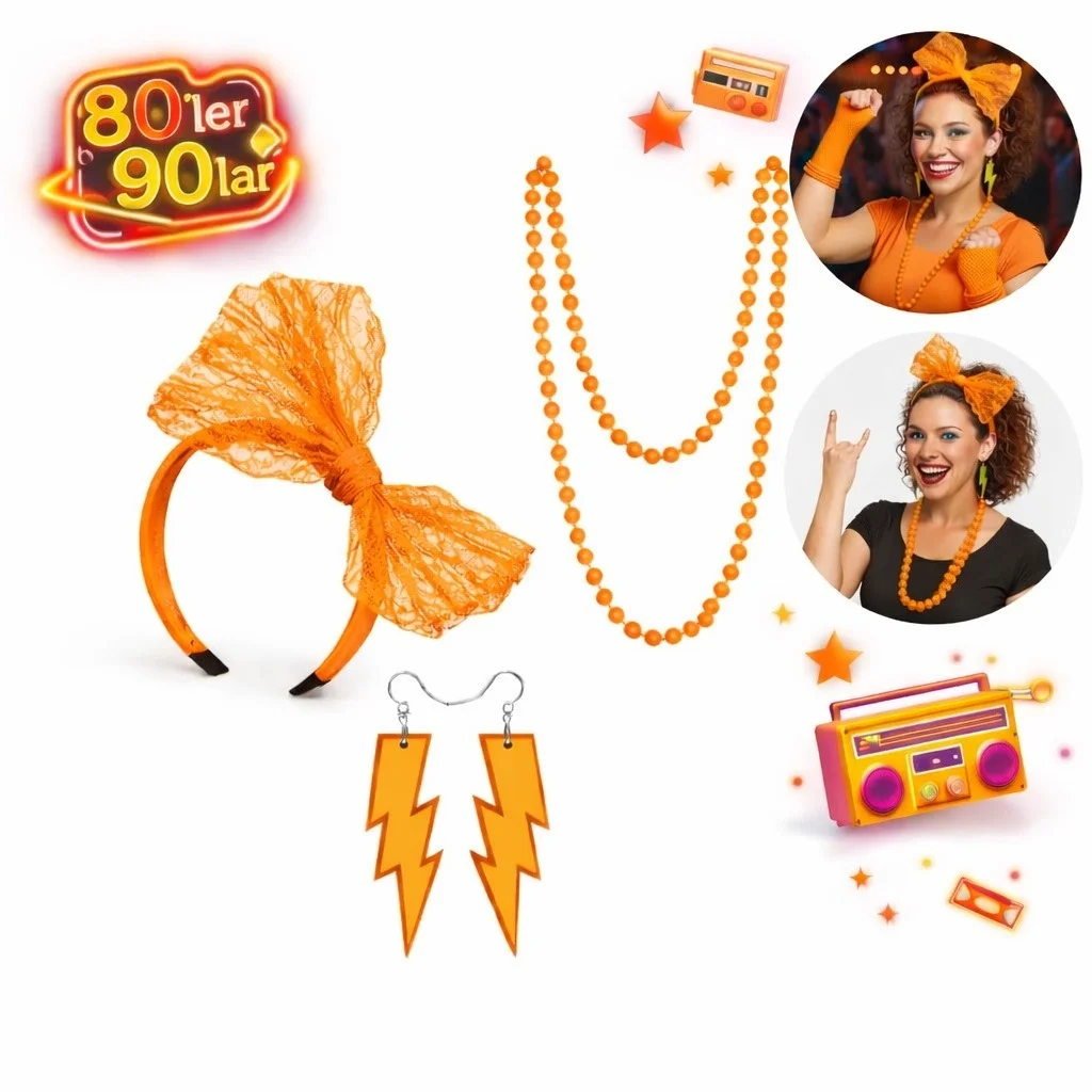 Mey İthalat® 80’ler 90’lar Neon Turuncu Parti Seti – Kolye Küpe T