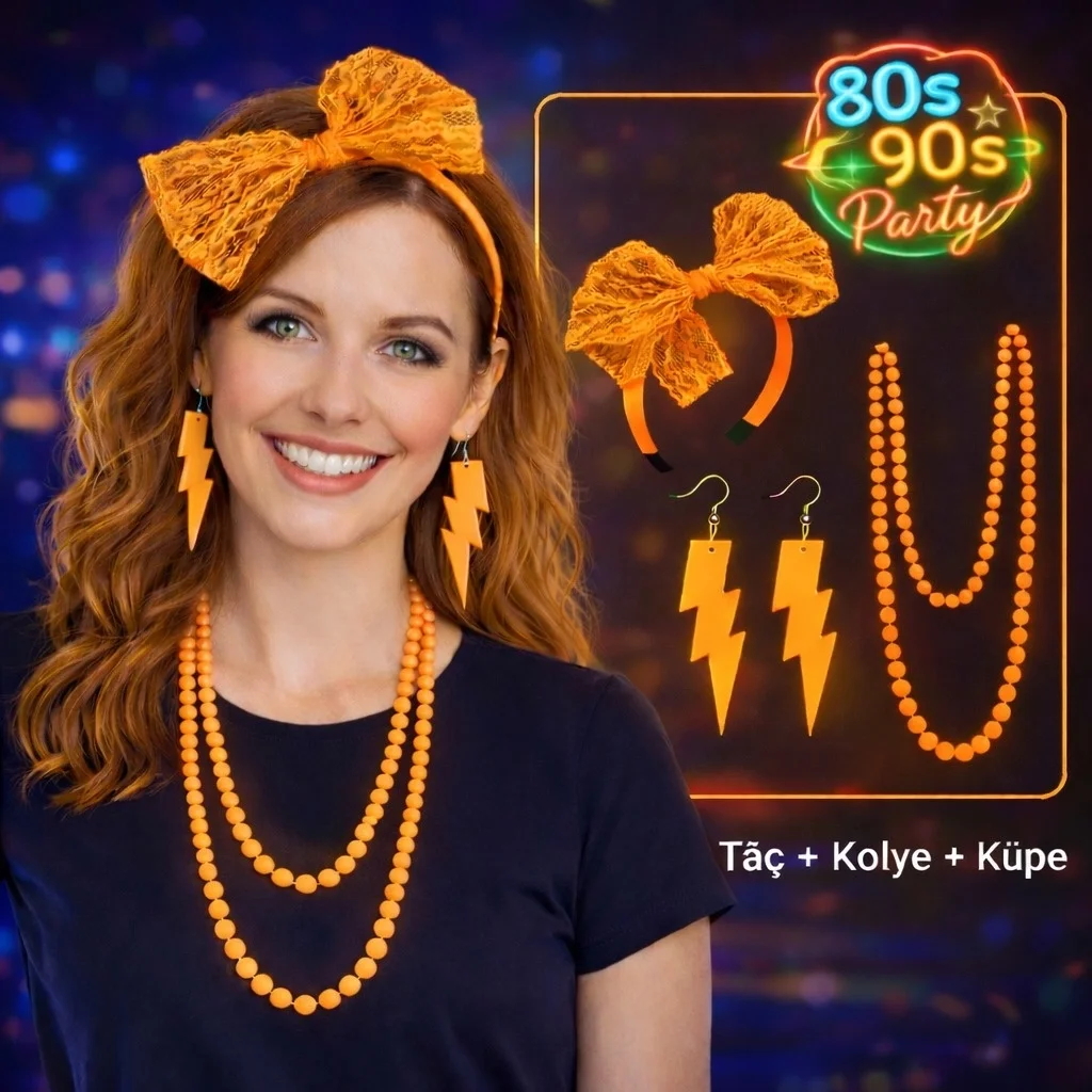 Mey İthalat® 80’ler 90’lar Neon Turuncu Parti Seti – Kolye Küpe T
