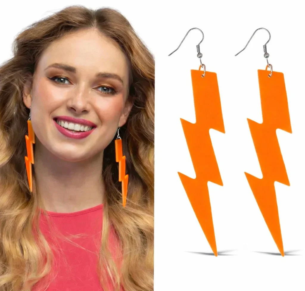 Mey İthalat® 80’ler 90'lar Retro Neon Turuncu Şimşek Küpe 10 