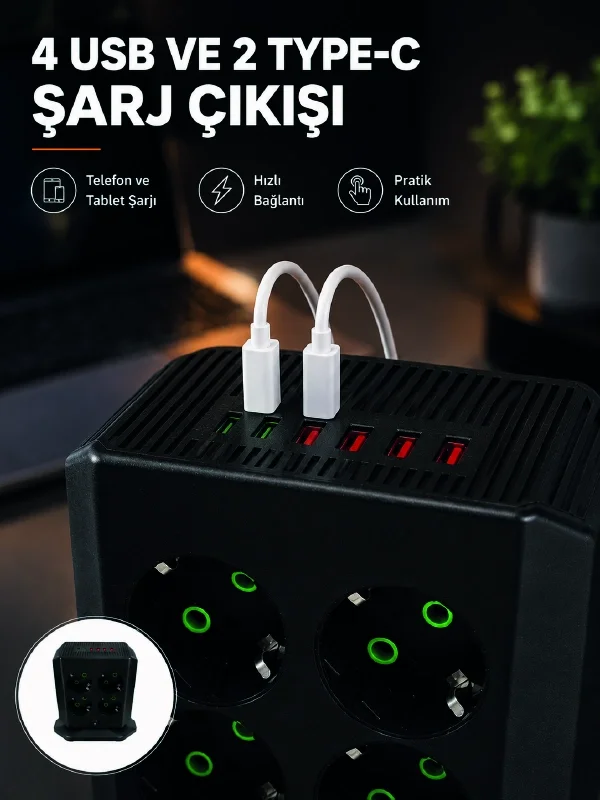Mey İthalat® 8'li Dikey Çoklu Priz 4 USB 2 Type-C Akım Korumalı A