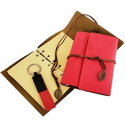 Mey İthalat® Ahşap Kutulu Kırmızı Deri Defter ve Anahtarlık Set