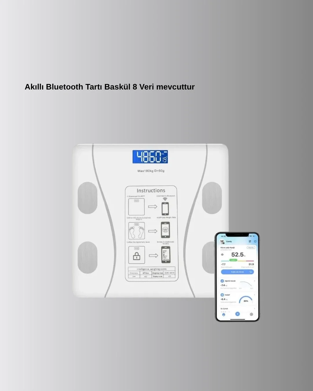 Mey İthalat® Akıllı Bluetooth Tartı – 8 Farklı Ölçüm Verisi, Otom