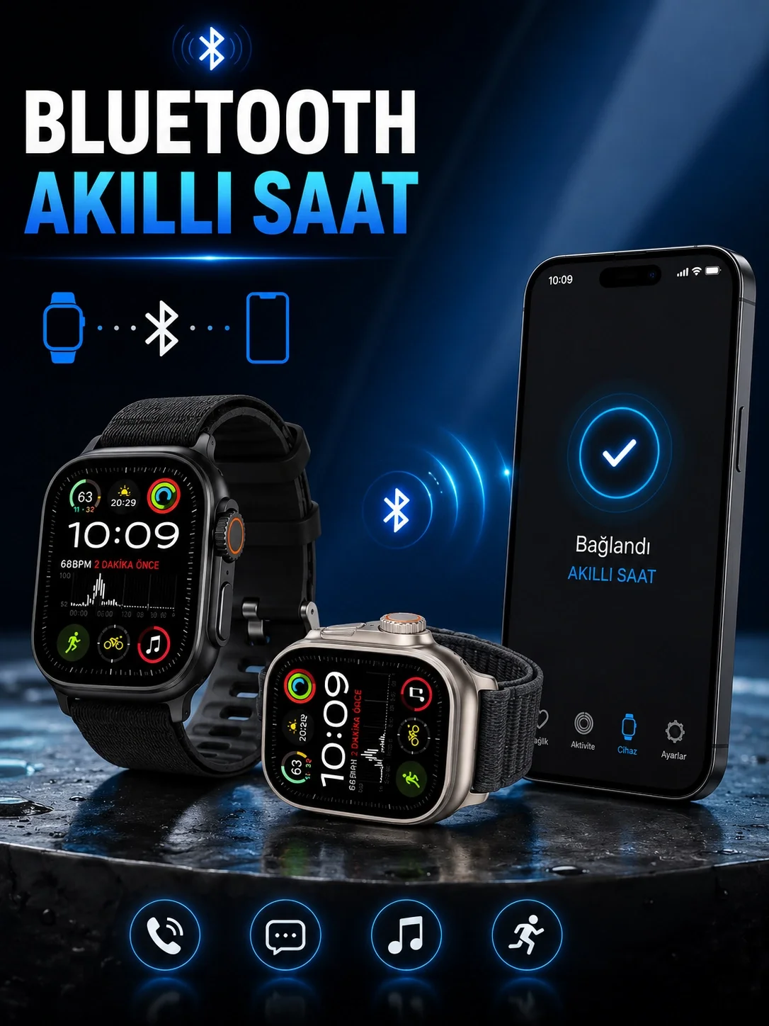 Mey İthalat® Akıllı Saat Bluetooth Bağlantılı Adımsayar Alarm ve 