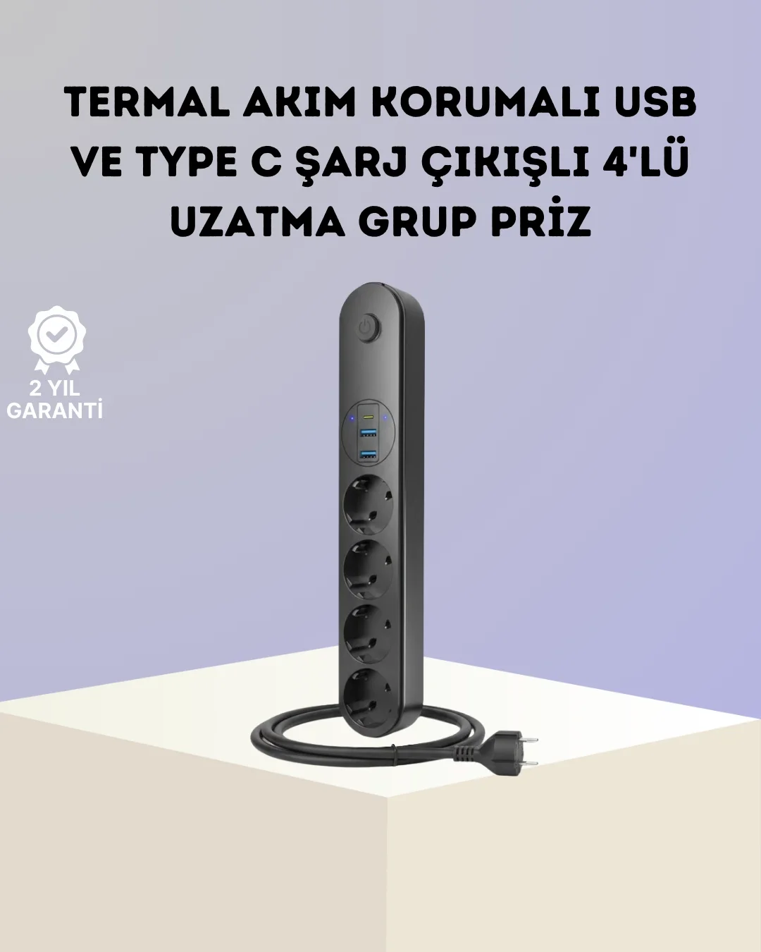 Mey İthalat® Akım Korumalı Çoklu Priz 4’lü 2 USB 1 Type-C 2500W G
