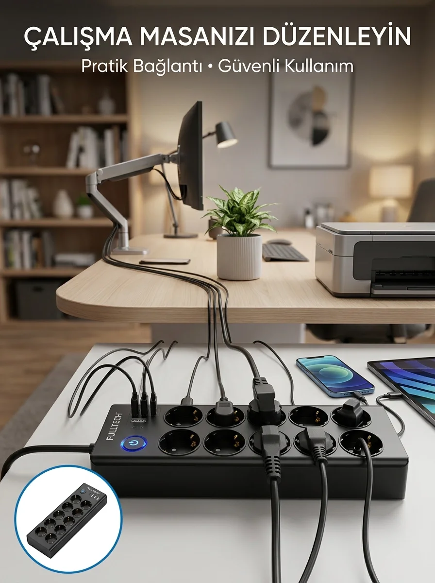 Mey İthalat® Akım Korumalı 10'lu Çoklu Priz USB-A ve Type-C Şarj 