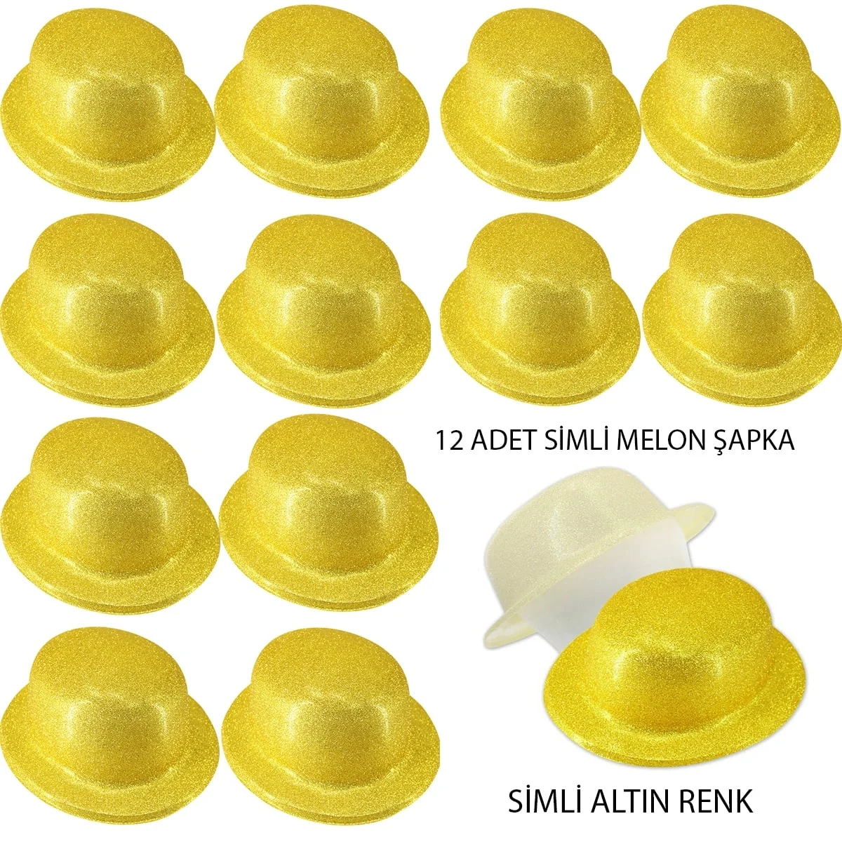 Mey İthalat® Altın Renk Simli Melon Yuvarlak Parti Şapkası 12 Ade