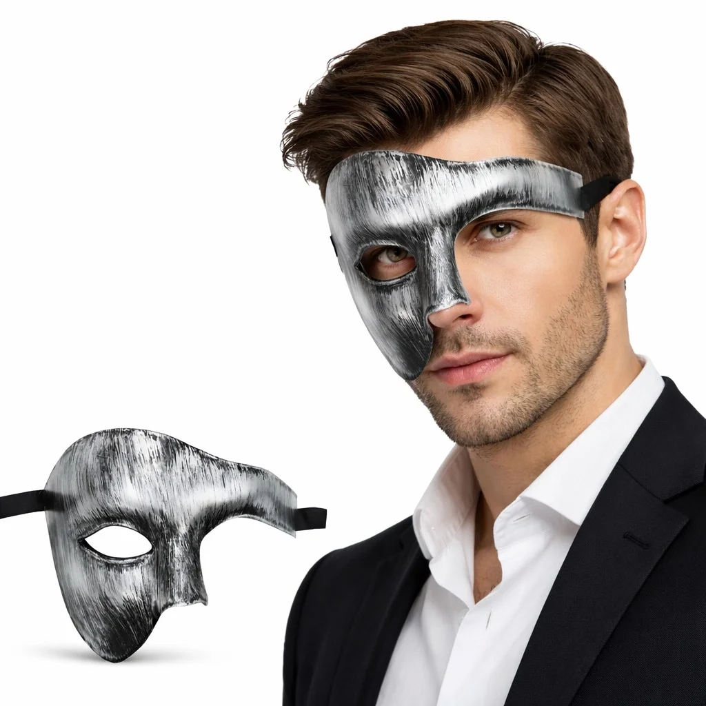 Mey İthalat® Antik Eskitme Gümüş Erkek Yarım Maske - Phantom &amp