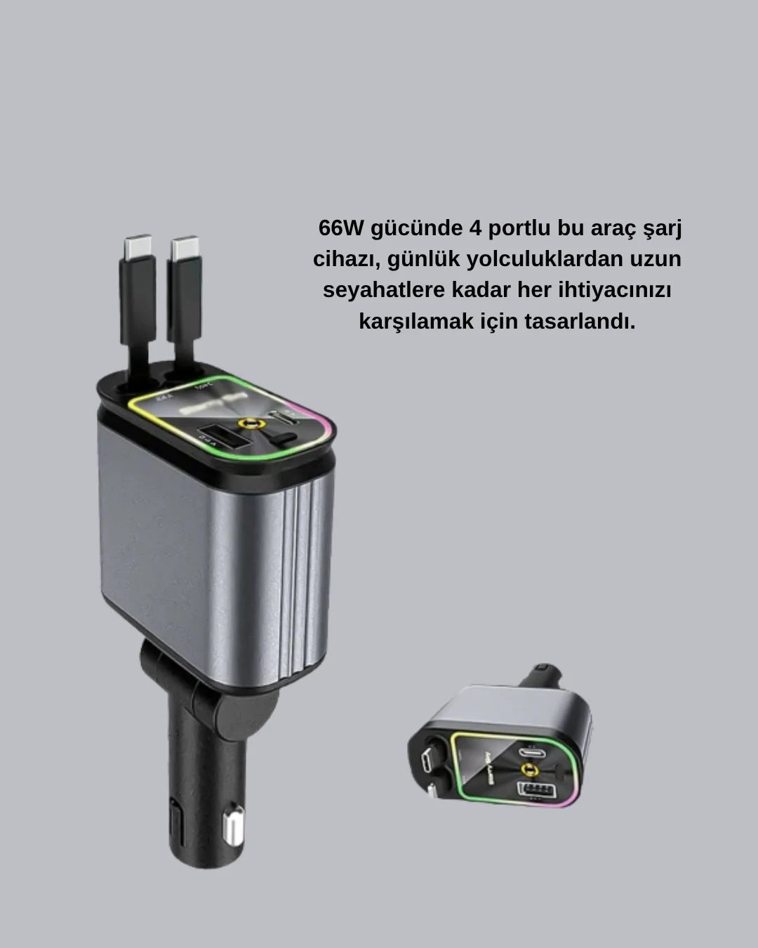 Mey İthalat® Araç Şarj Cihazı 4 Portlu 66W Hızlı Şarjlı LED Işıkl