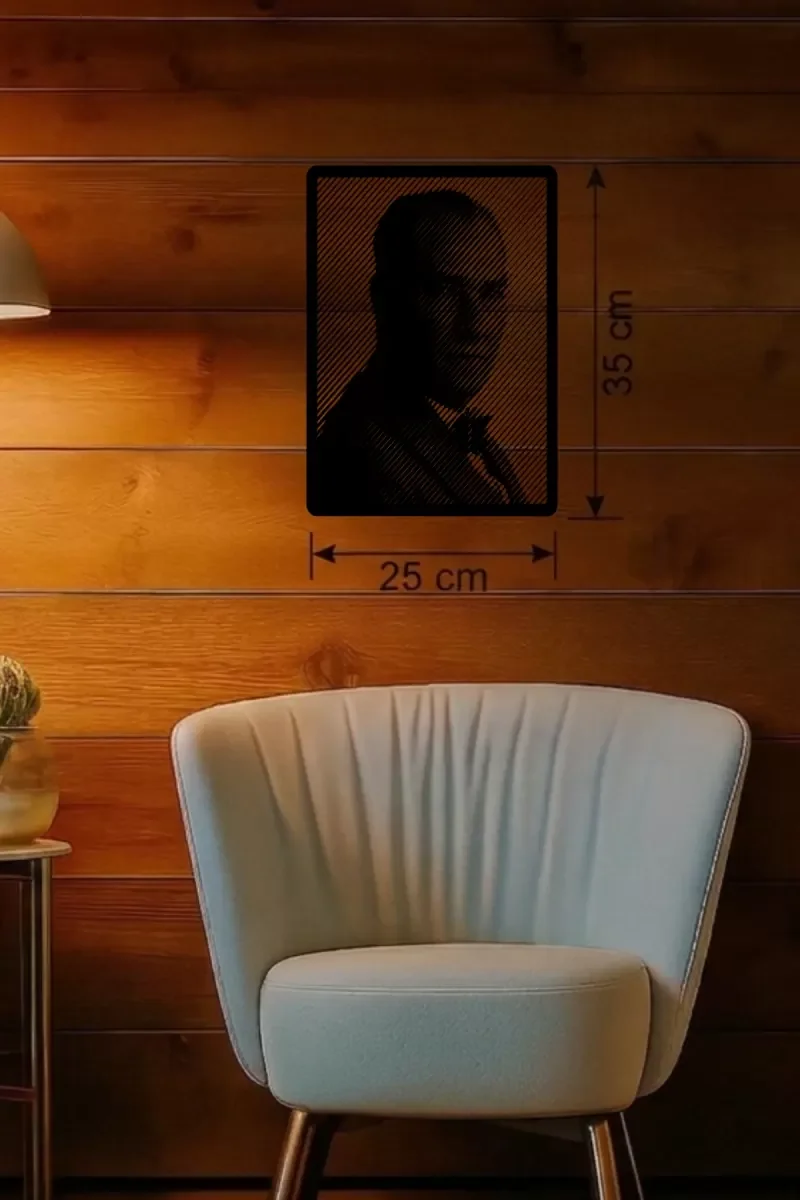 Mey İthalat® Atatürk Line Art Metal Görünümlü Ahşap Tablo - Moder