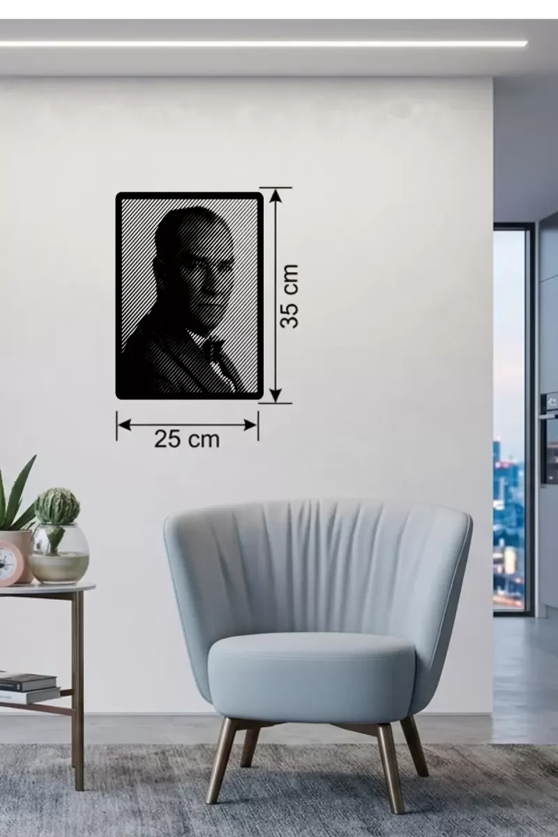 Mey İthalat® Atatürk Line Art Metal Görünümlü Ahşap Tablo - Moder