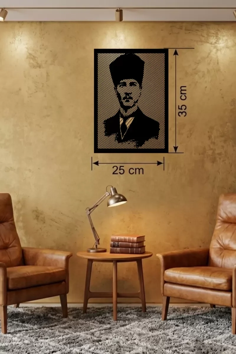Mey İthalat® Atatürk Line Art Metal Görünümlü Ahşap Tablo - Moder