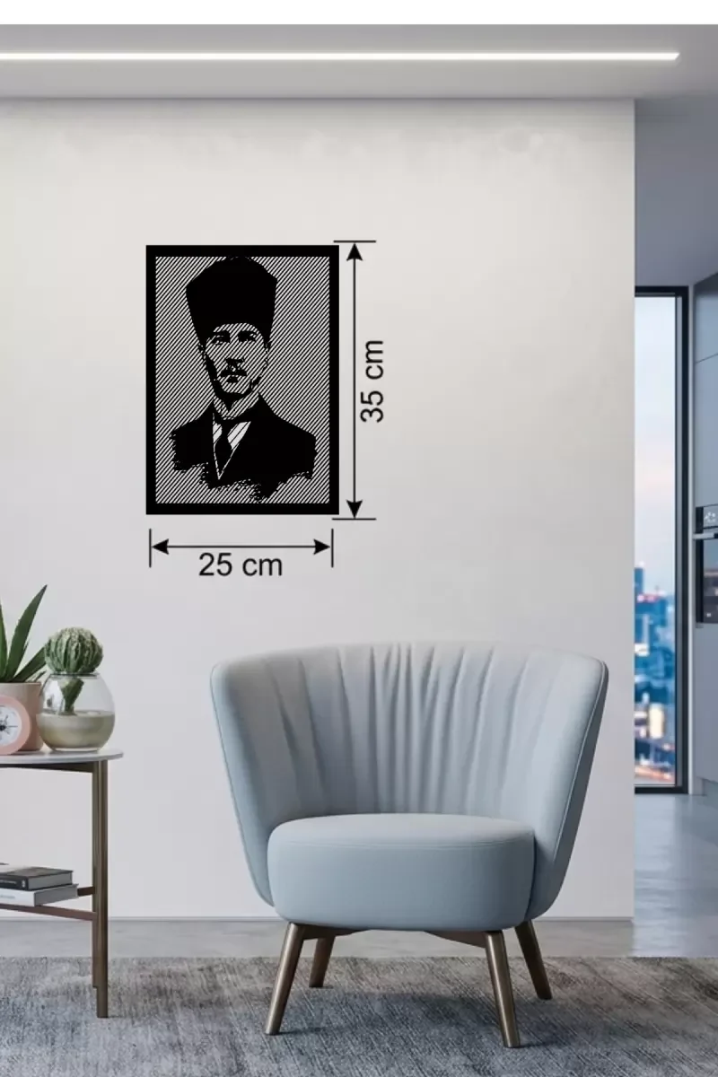 Mey İthalat® Atatürk Line Art Metal Görünümlü Ahşap Tablo - Moder