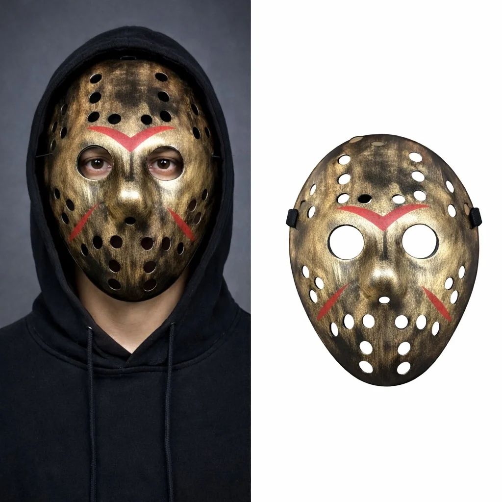 Mey İthalat® Bakır Renk Kırmızı Çizgili Tam Yüz Hokey Jason Maske