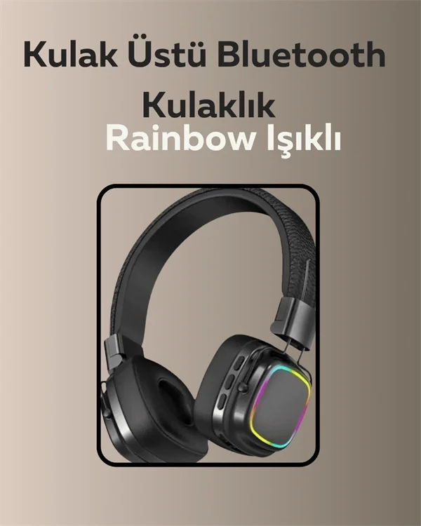 Mey İthalat® Bluetooth 5.3 Rainbow Işıklı Kulak Üstü Kablosuz Kul