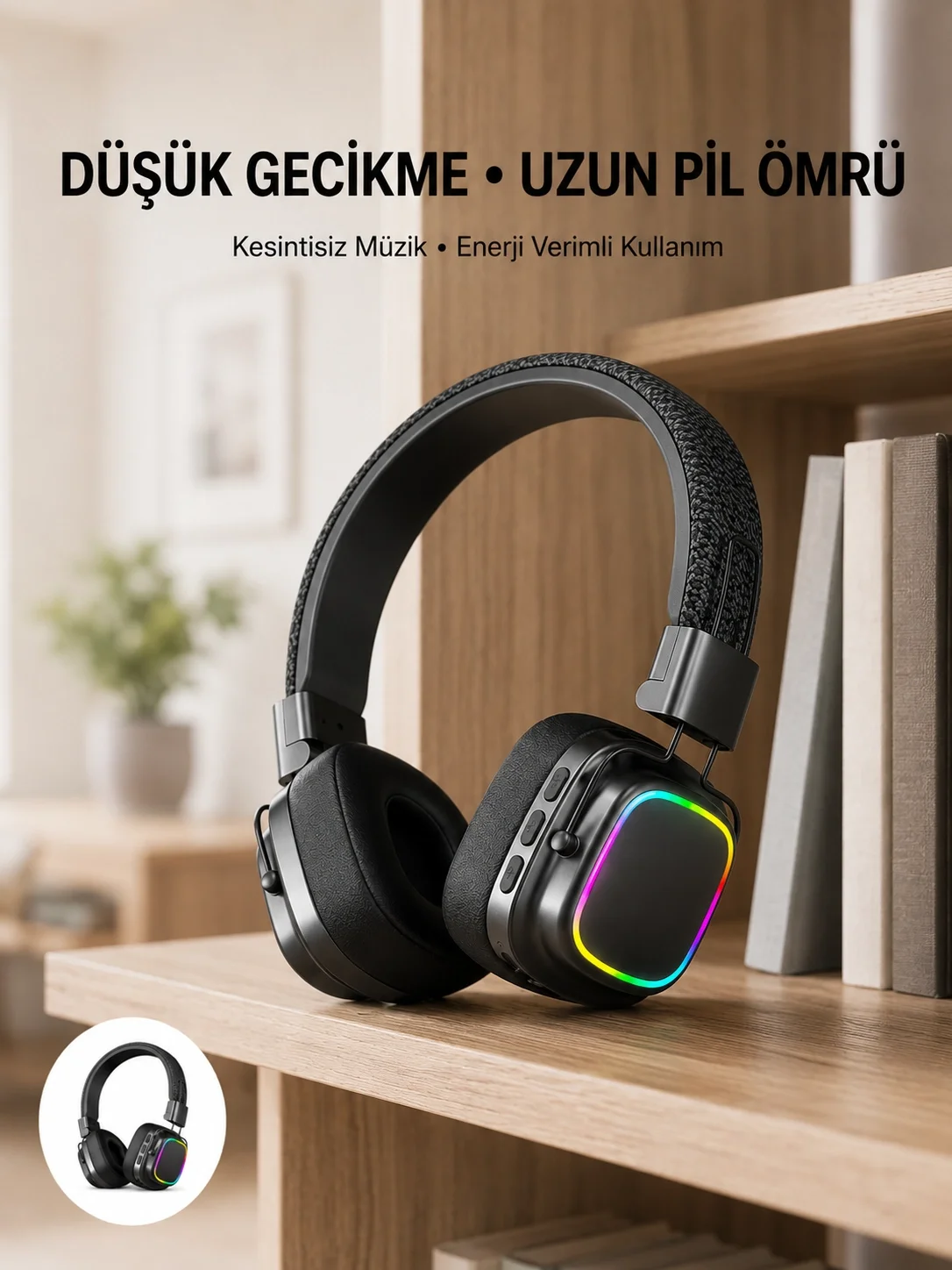 Mey İthalat® Bluetooth 5.3 Rainbow Işıklı Kulak Üstü Kablosuz Kul