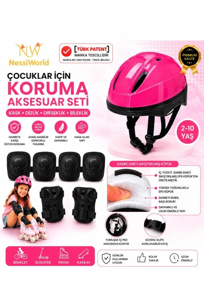 Mey İthalat® Çocuk Kaskı Ve Dizlik, Dirseklik Eldiven Set Pembe/s
