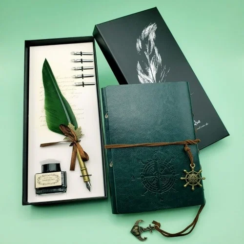 Mey İthalat®  Deri Defter ve Tüylü Mürekkepli Kalem Seti